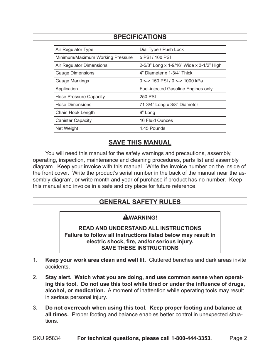 Specifications, Save this manual, General safety rules | Harbor Freight Tools 95834 User Manual | Page 2 / 11