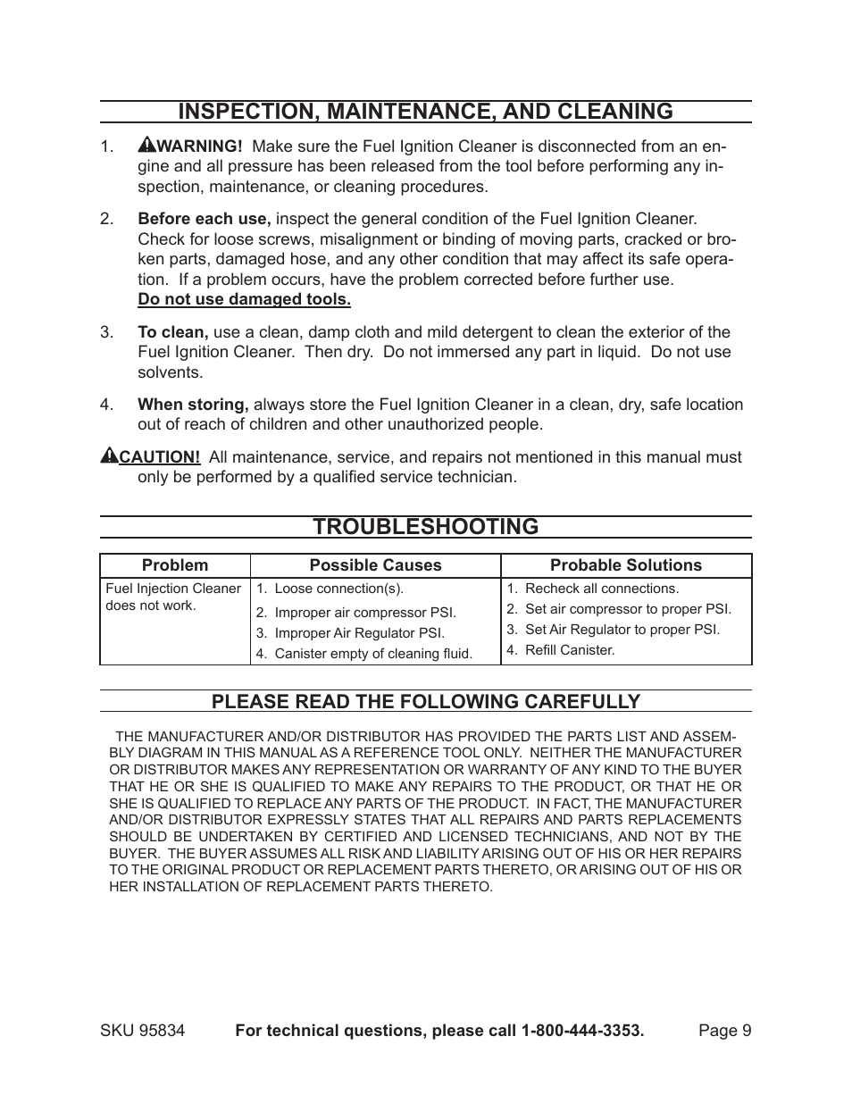 Inspection, maintenance, and cleaning, Troubleshooting, Please read the following carefully | Harbor Freight Tools 95834 User Manual | Page 9 / 11