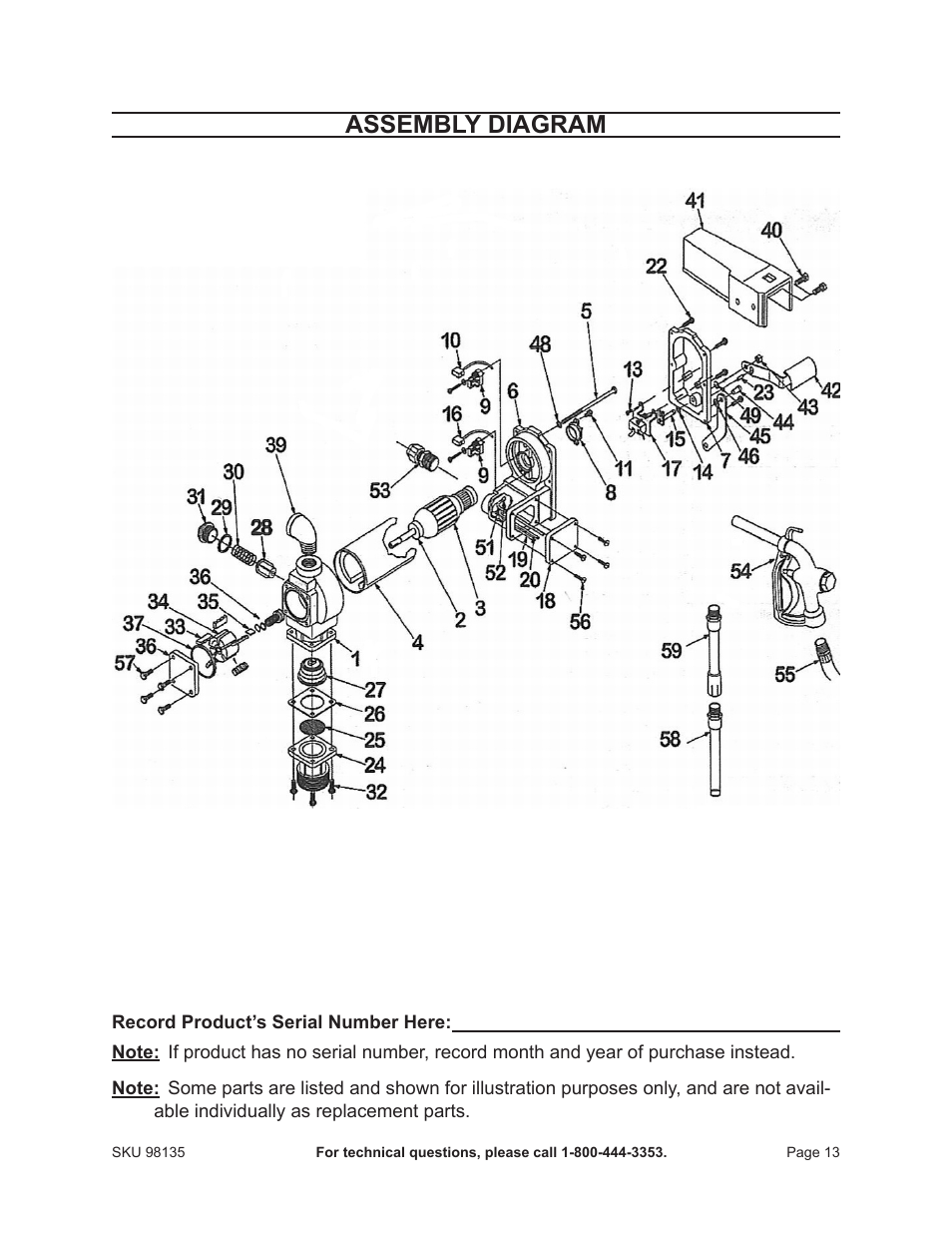 Assembly diagram | Harbor Freight Tools 98135 User Manual | Page 13 / 14