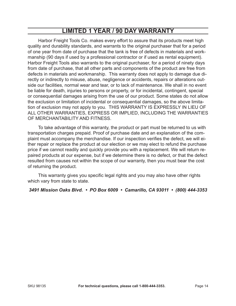 Limited 1 year / 90 day warranty | Harbor Freight Tools 98135 User Manual | Page 14 / 14