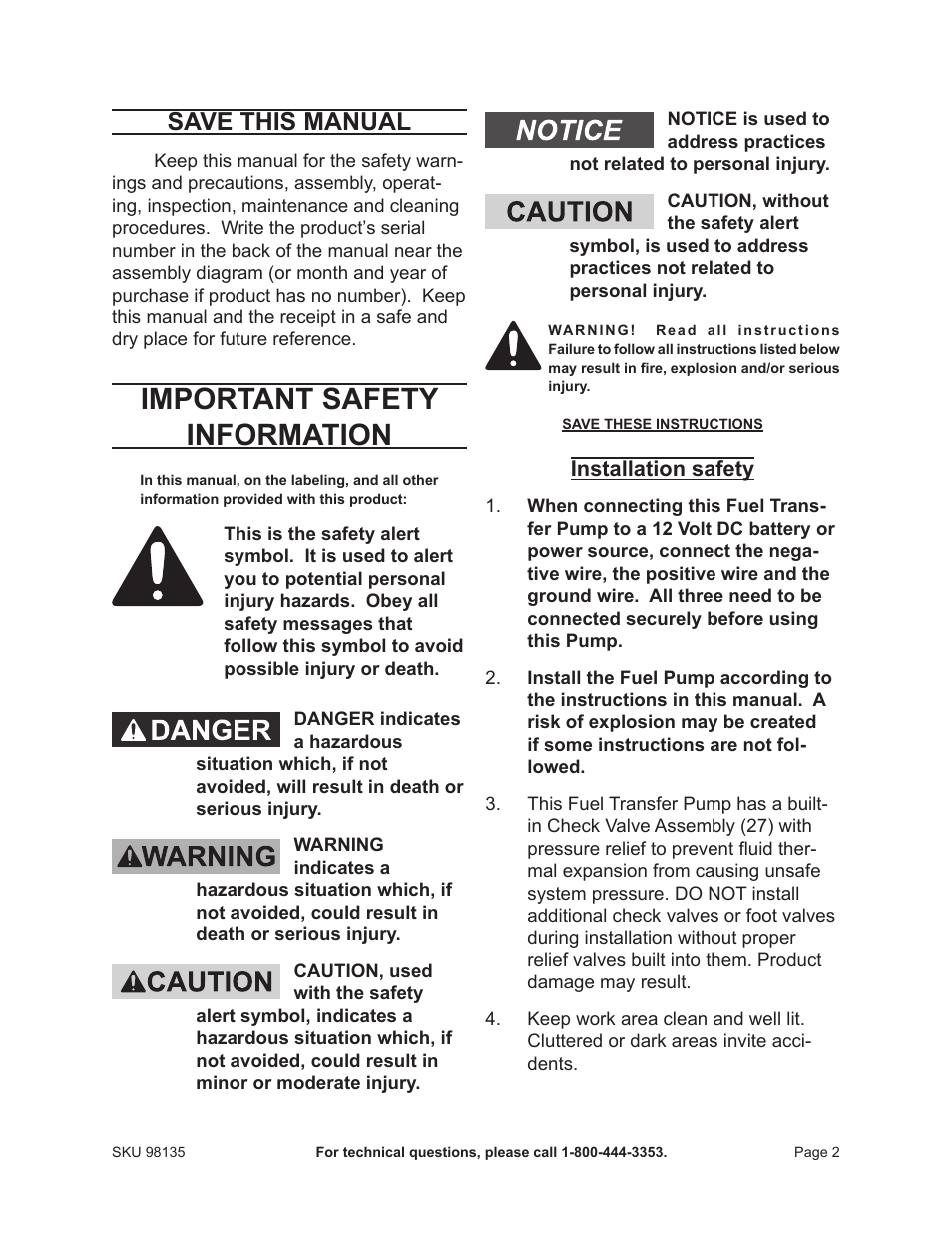 Important safety information, Save this manual | Harbor Freight Tools 98135 User Manual | Page 2 / 14