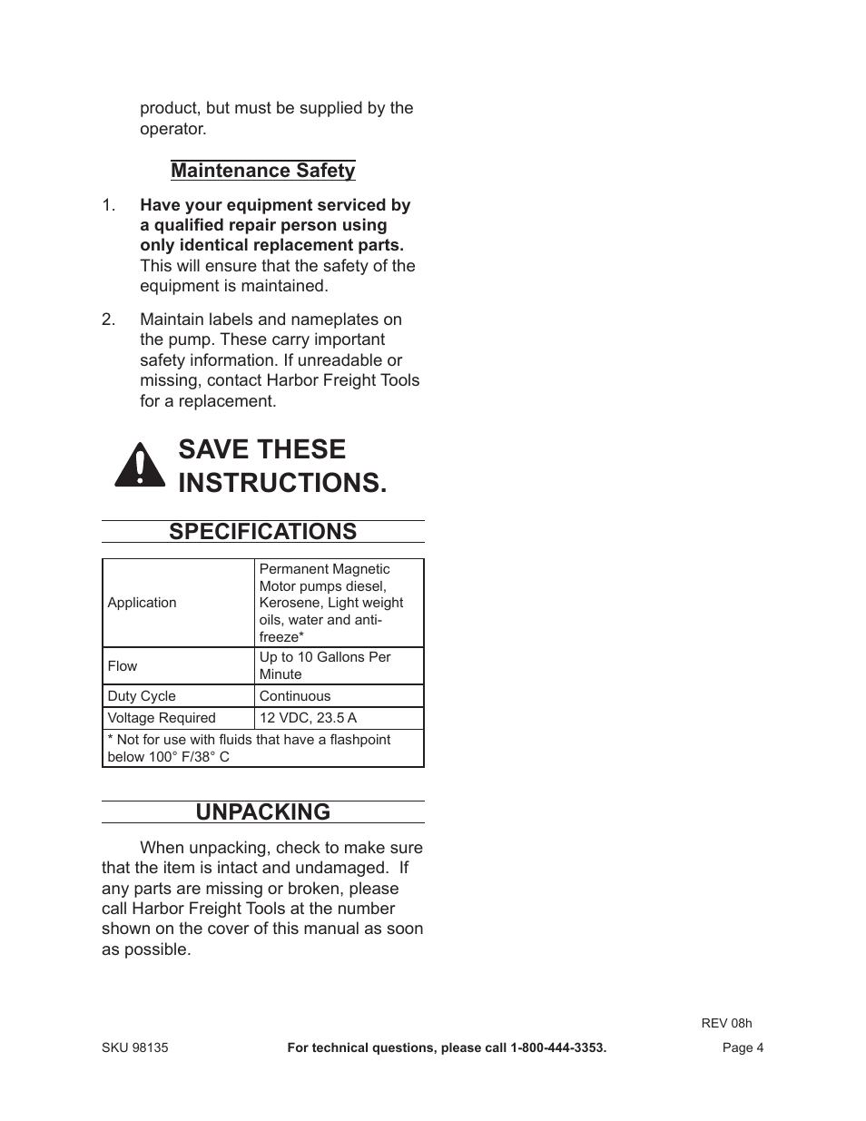 Save these instructions, Specifications, Unpacking | Maintenance safety | Harbor Freight Tools 98135 User Manual | Page 4 / 14