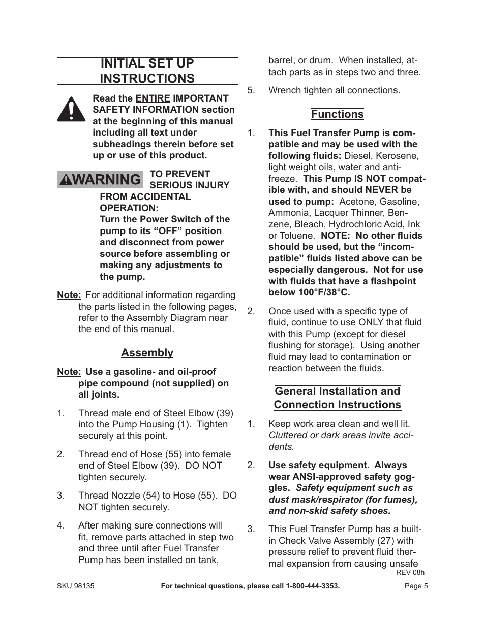 Initial set up instructions | Harbor Freight Tools 98135 User Manual | Page 5 / 14