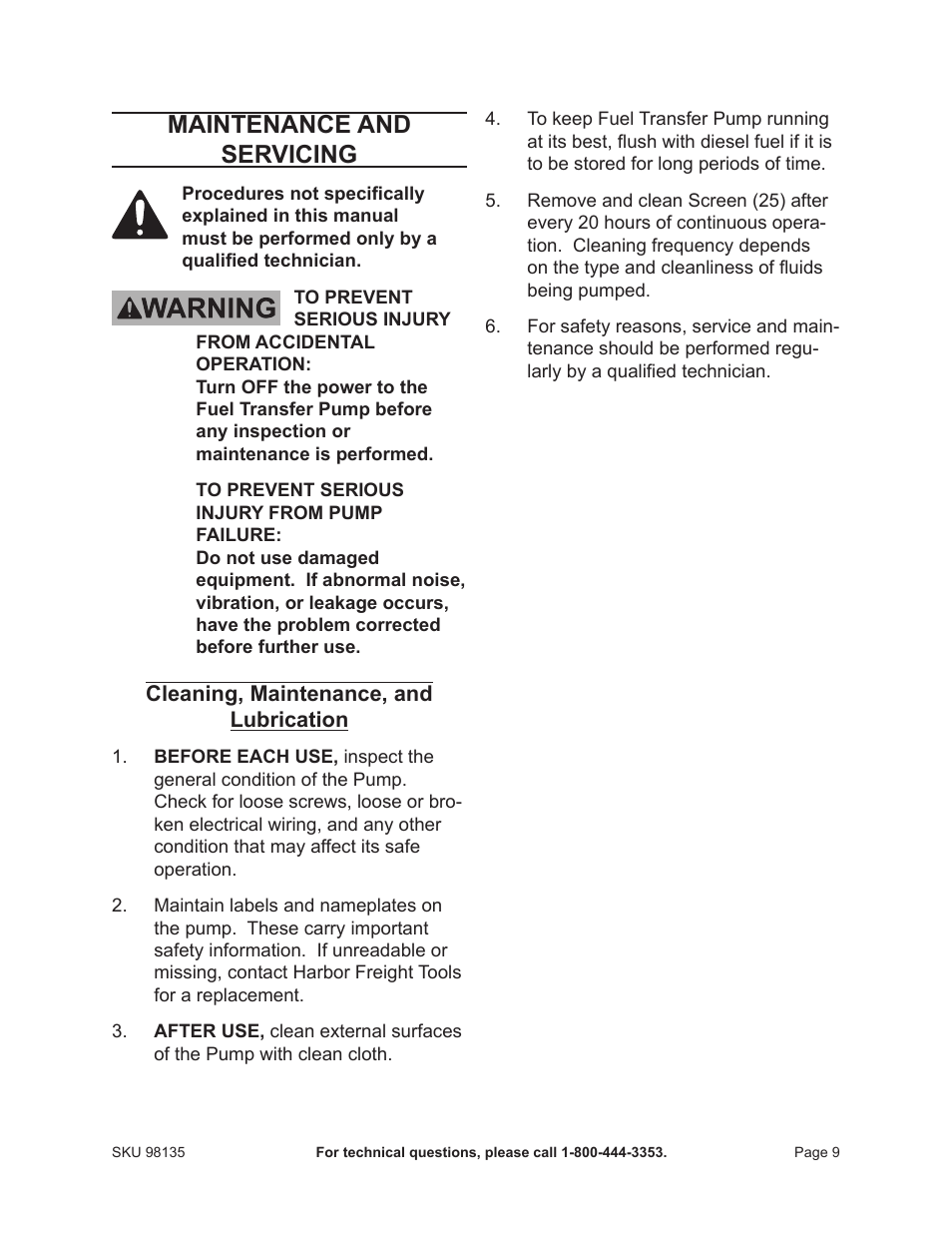 Maintenance and servicing | Harbor Freight Tools 98135 User Manual | Page 9 / 14