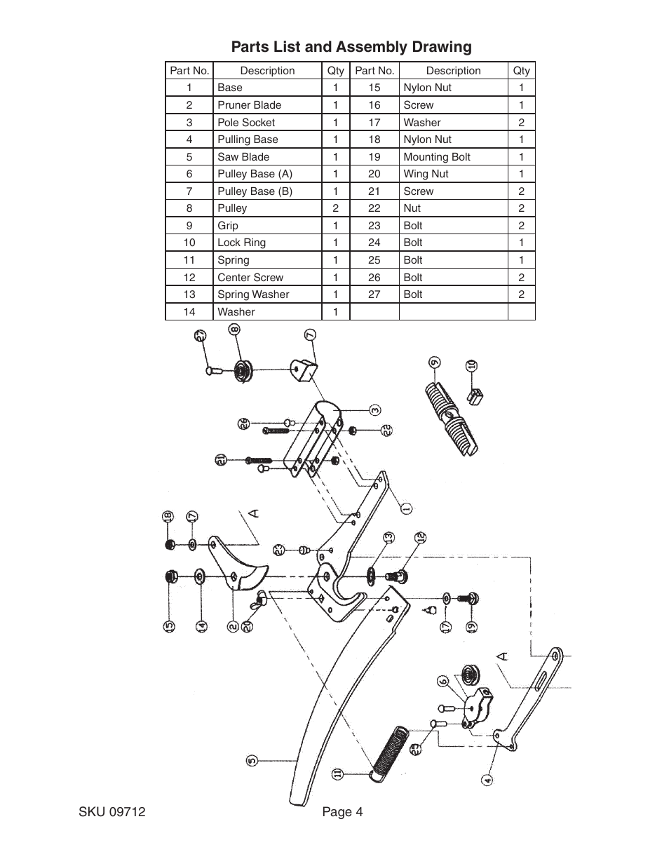 Parts list and assembly drawing | Harbor Freight Tools 9712 User Manual | Page 4 / 4