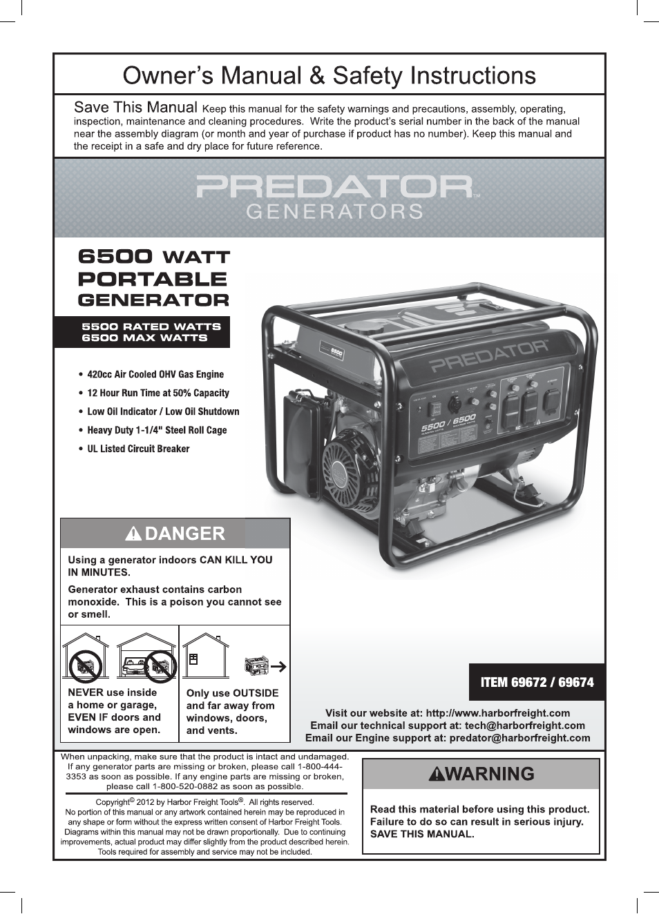 Harbor Freight Tools 6500 Watt Portable Generator 69672 User Manual | 24 pages