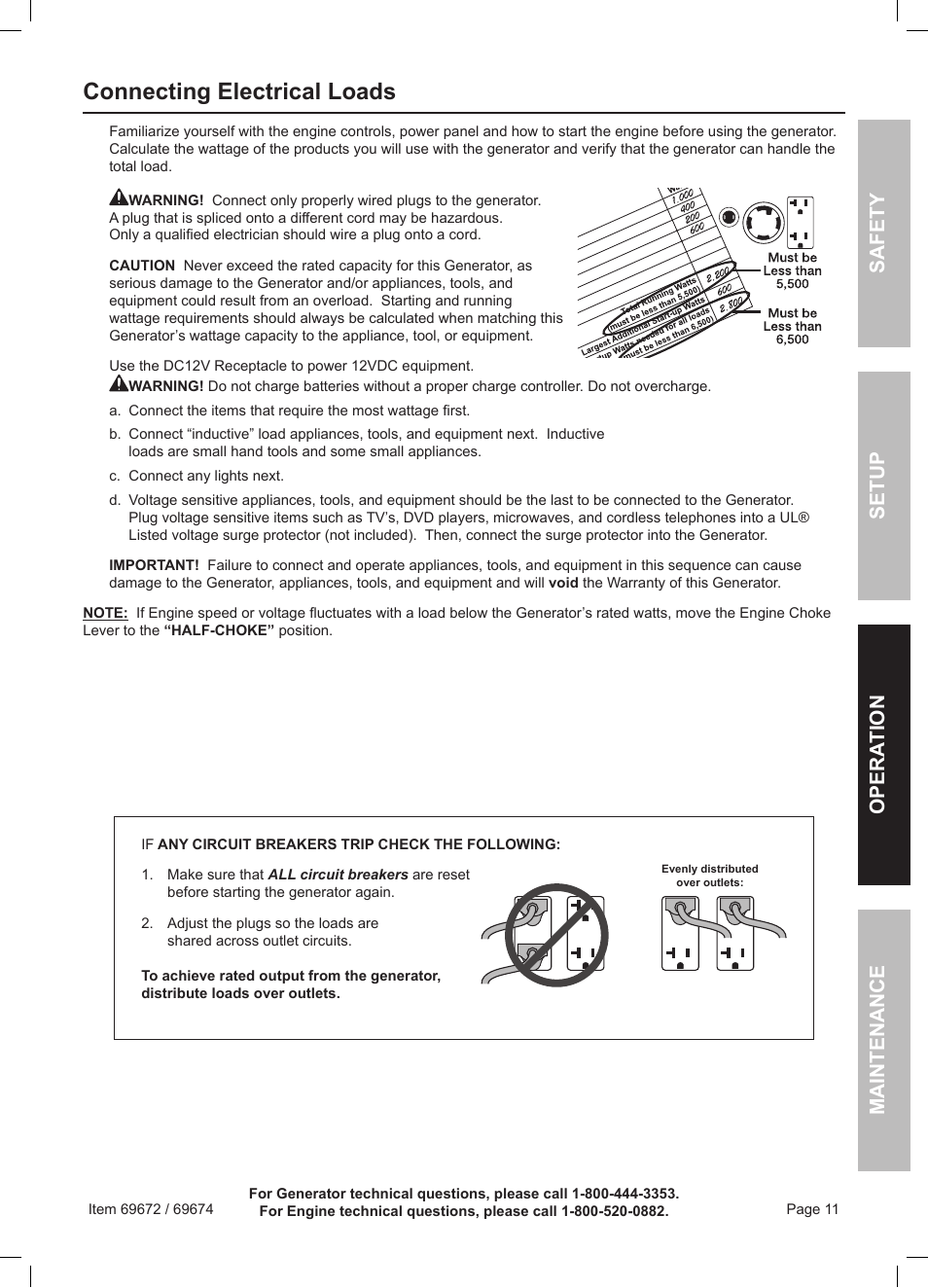 Connecting electrical loads, Safety opera tion maintenance setup | Harbor Freight Tools 6500 Watt Portable Generator 69672 User Manual | Page 11 / 24