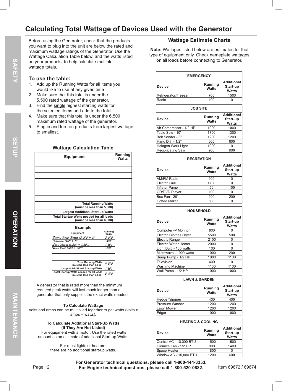 Safety opera tion maintenance setup, Wattage estimate charts, Wattage calculation table | Harbor Freight Tools 6500 Watt Portable Generator 69672 User Manual | Page 12 / 24