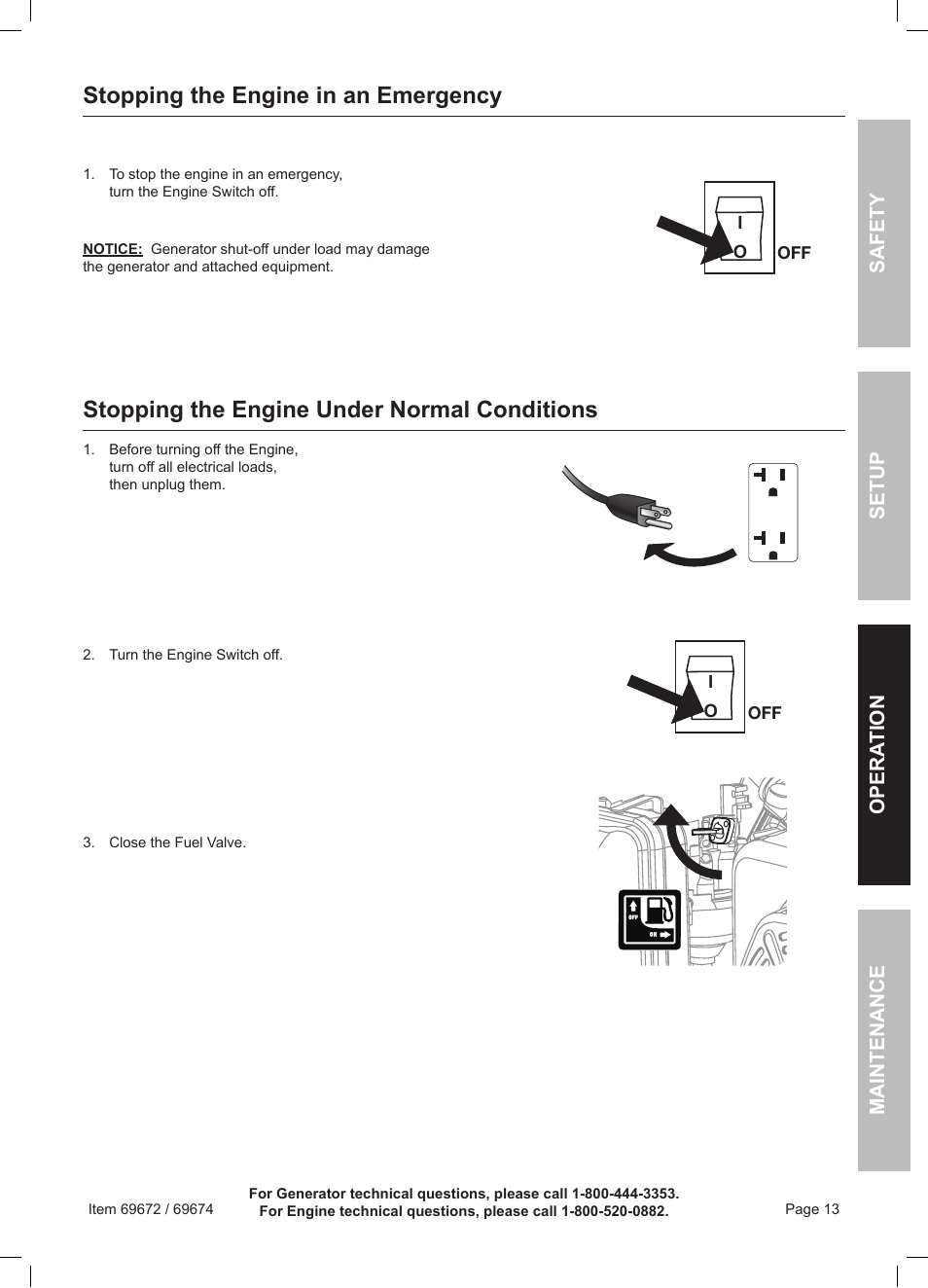 Stopping the engine in an emergency, Stopping the engine under normal conditions, Safety opera tion maintenance setup | Harbor Freight Tools 6500 Watt Portable Generator 69672 User Manual | Page 13 / 24