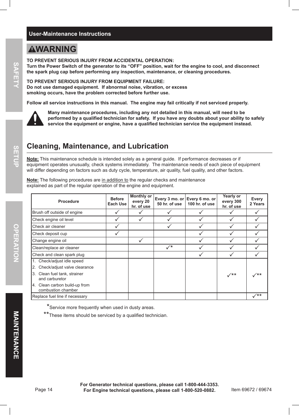 Cleaning, maintenance, and lubrication, Safety opera tion maintenance setup | Harbor Freight Tools 6500 Watt Portable Generator 69672 User Manual | Page 14 / 24