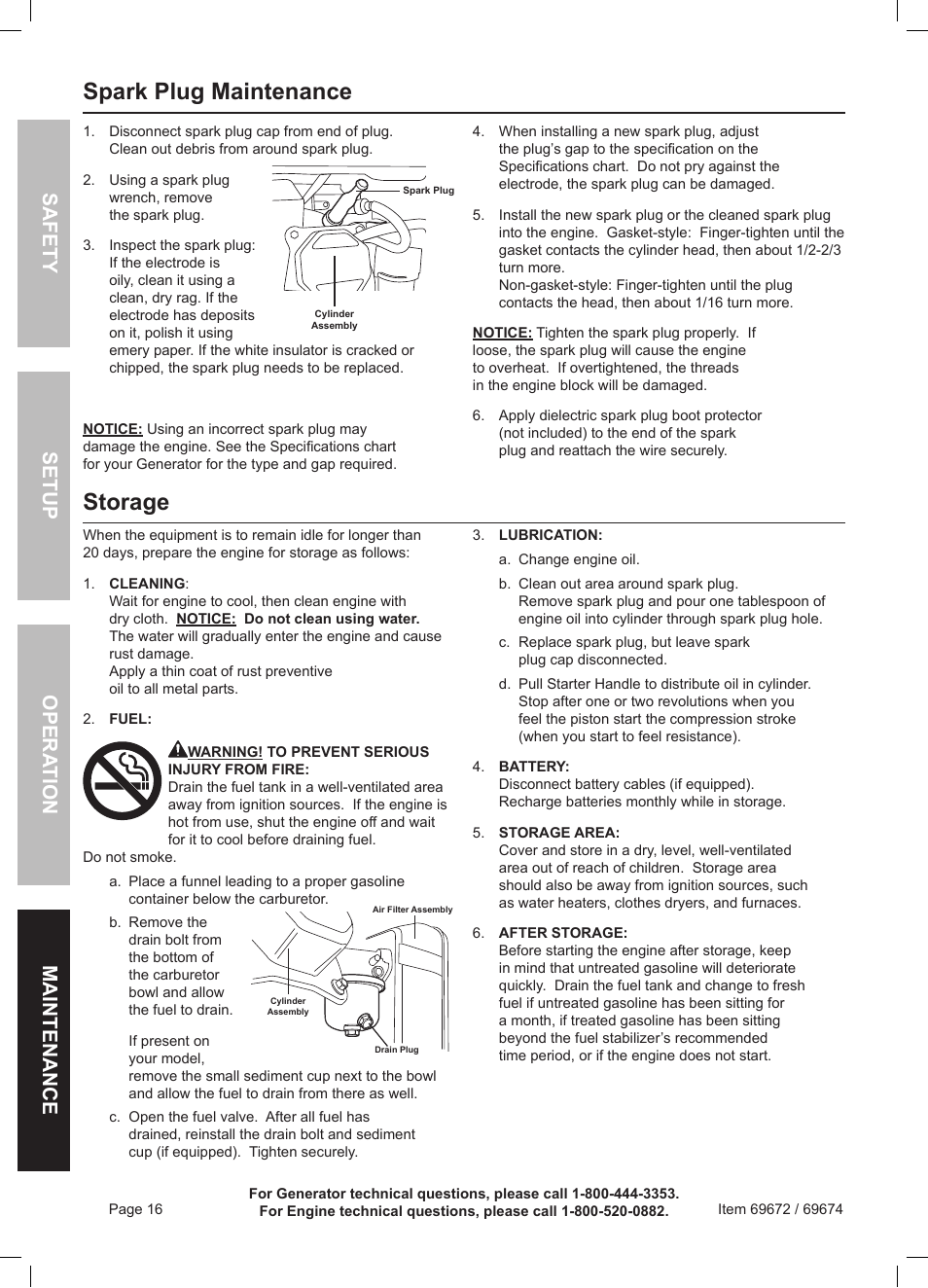 Spark plug maintenance, Storage, Safety opera tion maintenance setup | Harbor Freight Tools 6500 Watt Portable Generator 69672 User Manual | Page 16 / 24