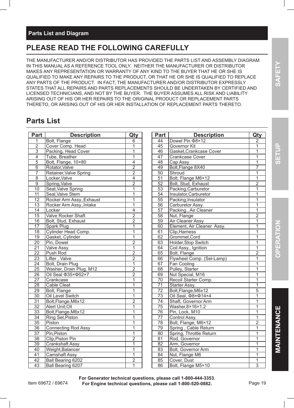 Please read the following carefully, Parts list, Safety opera tion maintenance setup | Harbor Freight Tools 6500 Watt Portable Generator 69672 User Manual | Page 19 / 24