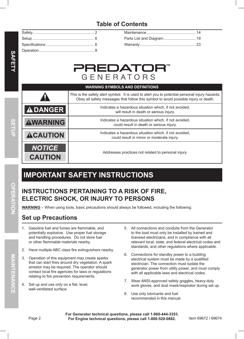 Harbor Freight Tools 6500 Watt Portable Generator 69672 User Manual | Page 2 / 24