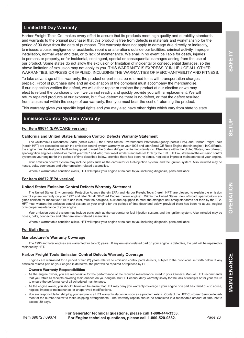 Safety opera tion maintenance setup, Limited 90 day warranty, Emission control system warranty | Harbor Freight Tools 6500 Watt Portable Generator 69672 User Manual | Page 23 / 24