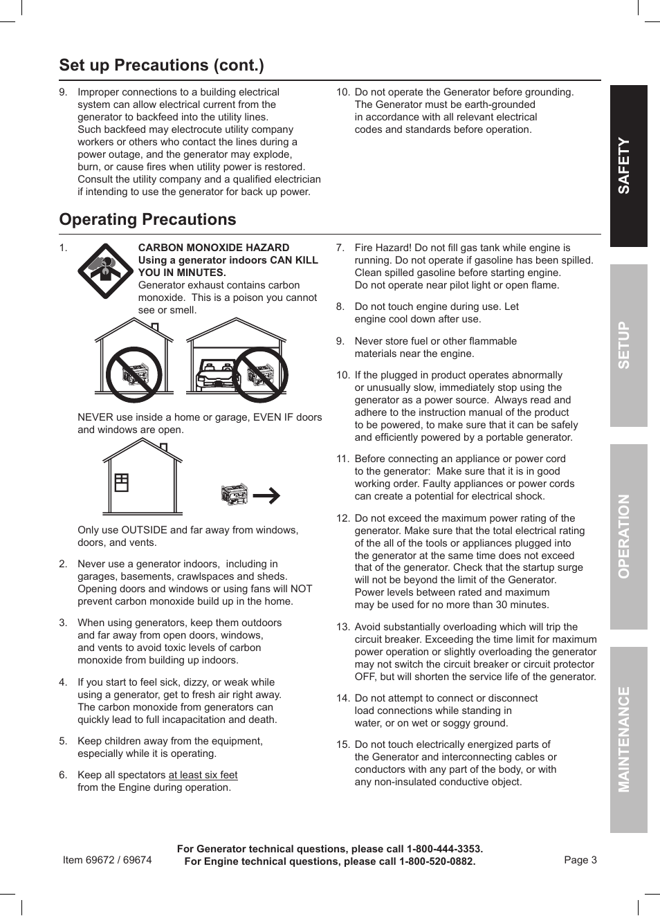 Operating precautions, Set up precautions (cont.), Safety opera tion maintenance setup | Harbor Freight Tools 6500 Watt Portable Generator 69672 User Manual | Page 3 / 24