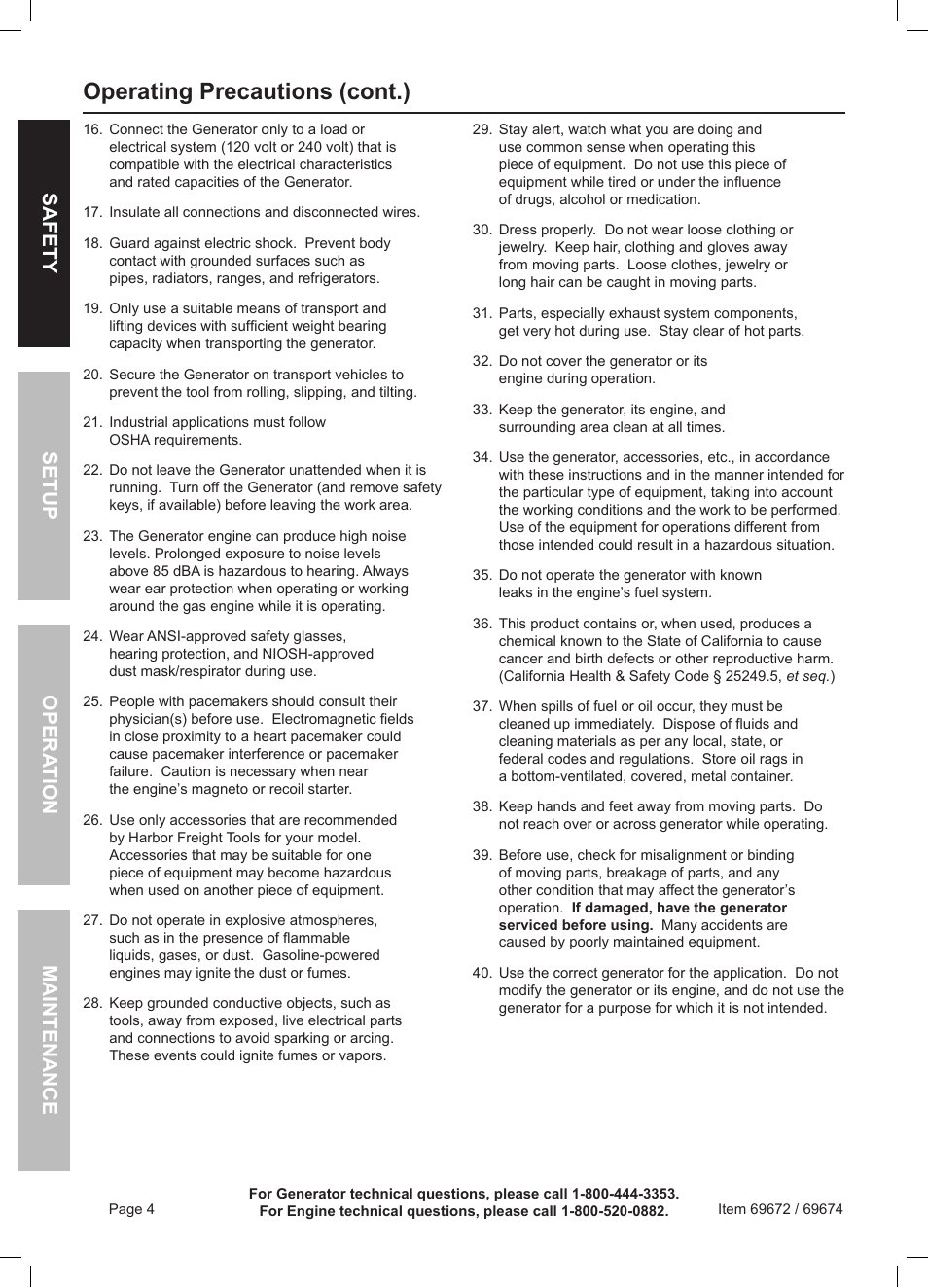 Operating precautions (cont.), Safety opera tion maintenance setup | Harbor Freight Tools 6500 Watt Portable Generator 69672 User Manual | Page 4 / 24