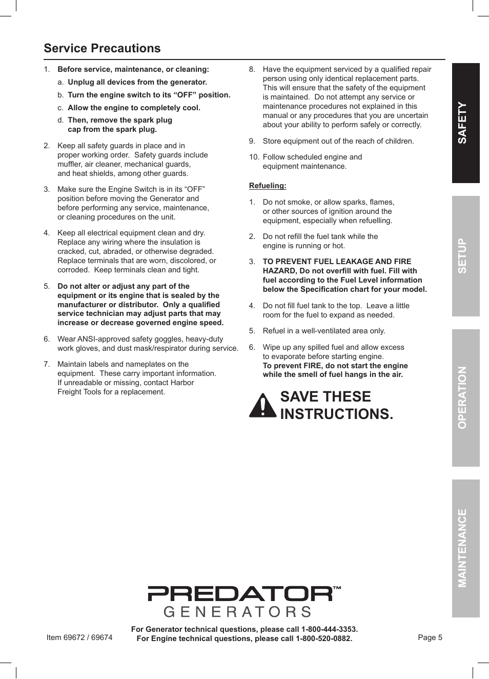 Save these instructions, Service precautions, Safety opera tion maintenance setup | Harbor Freight Tools 6500 Watt Portable Generator 69672 User Manual | Page 5 / 24