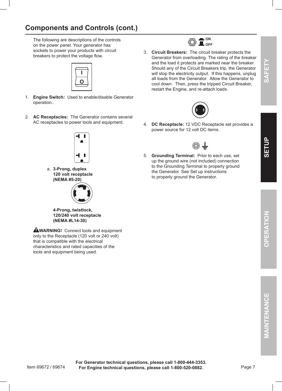 Components and controls (cont.), Safety opera tion maintenance setup | Harbor Freight Tools 6500 Watt Portable Generator 69672 User Manual | Page 7 / 24