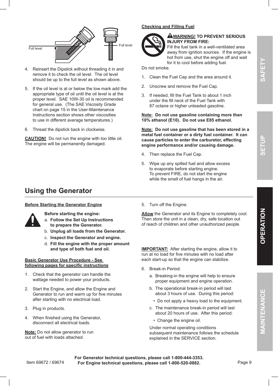 Using the generator, Safety opera tion maintenance setup | Harbor Freight Tools 6500 Watt Portable Generator 69672 User Manual | Page 9 / 24