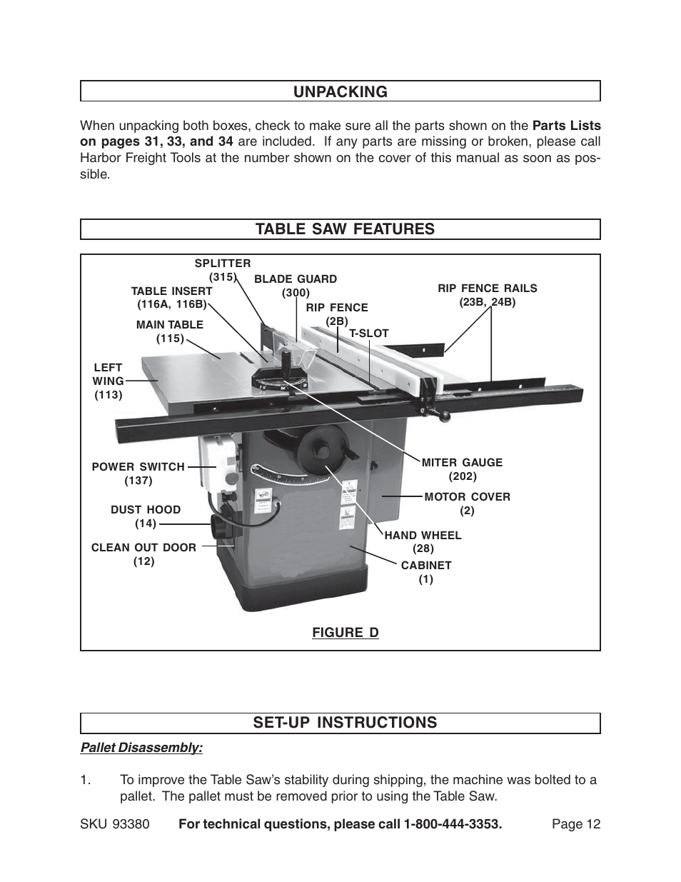 Unpacking, Table saw features, Set-up instructions | Harbor Freight Tools CENTRAL MACHINERY 93380 User Manual | Page 12 / 35