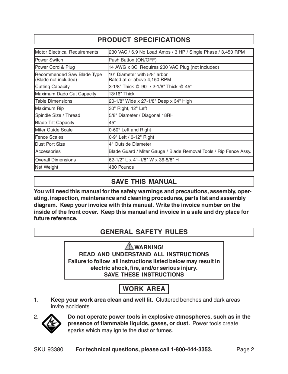 General safety rules, Save this manual, Product specifications | Work area | Harbor Freight Tools CENTRAL MACHINERY 93380 User Manual | Page 2 / 35