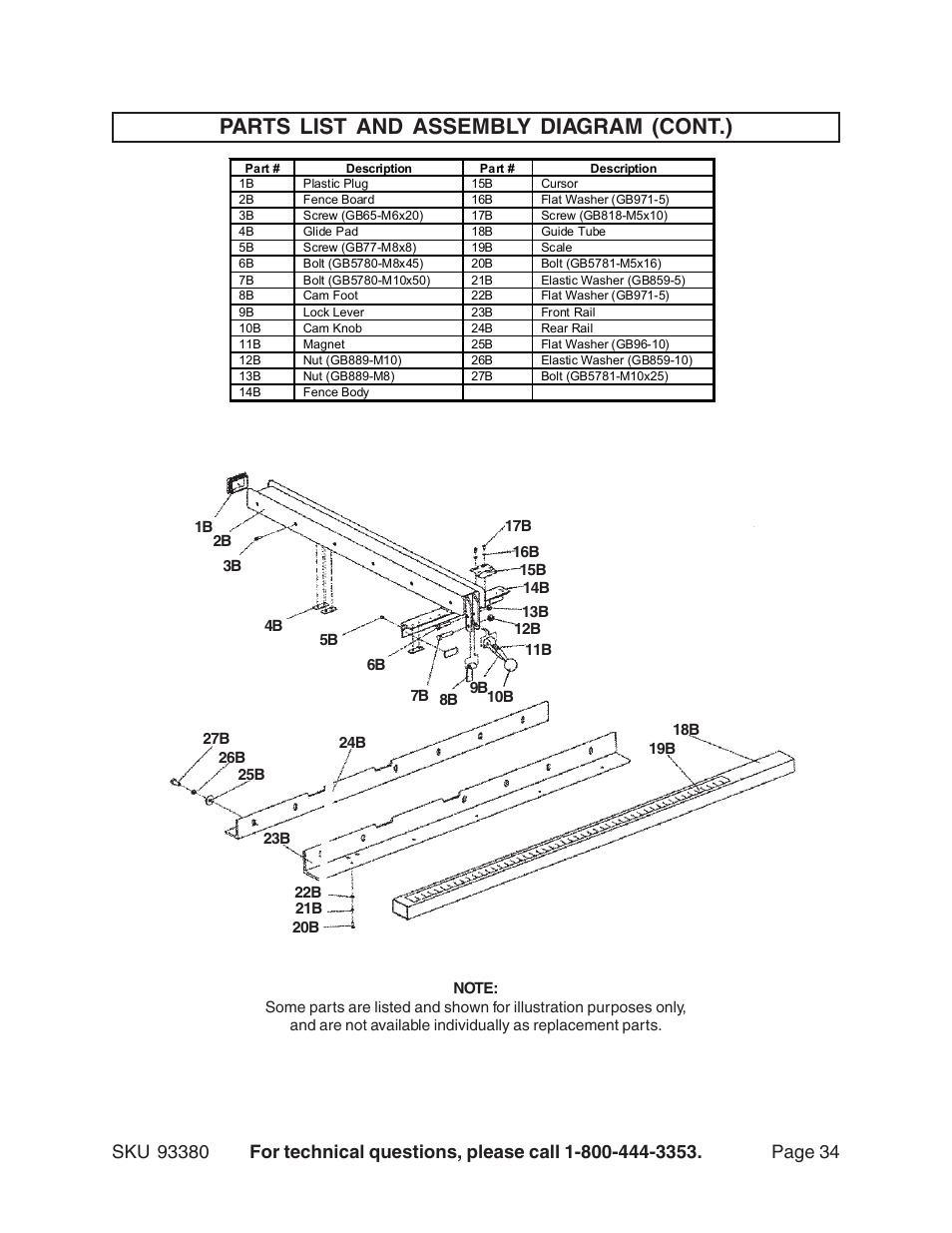 Parts list and assembly diagram (cont.) | Harbor Freight Tools CENTRAL MACHINERY 93380 User Manual | Page 34 / 35