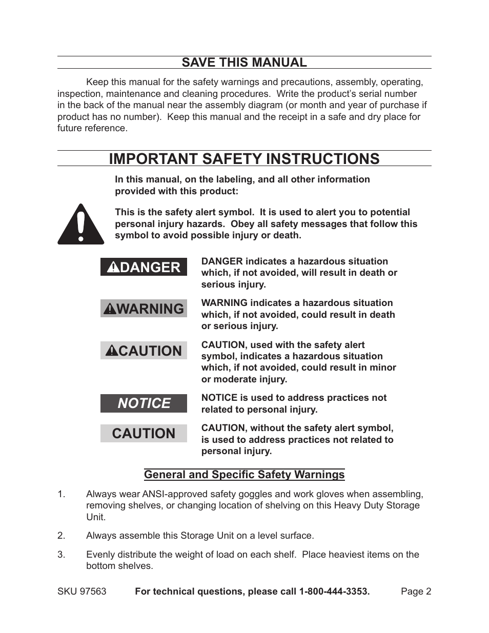 Important safety instructions, Danger | Harbor Freight Tools 97563 User Manual | Page 2 / 8