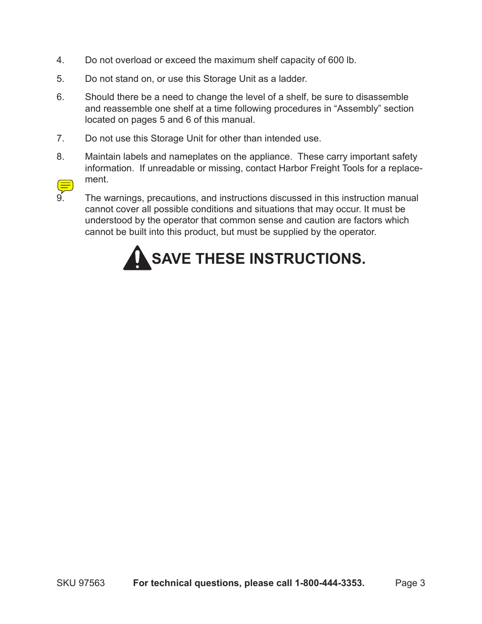 Save these instructions | Harbor Freight Tools 97563 User Manual | Page 3 / 8