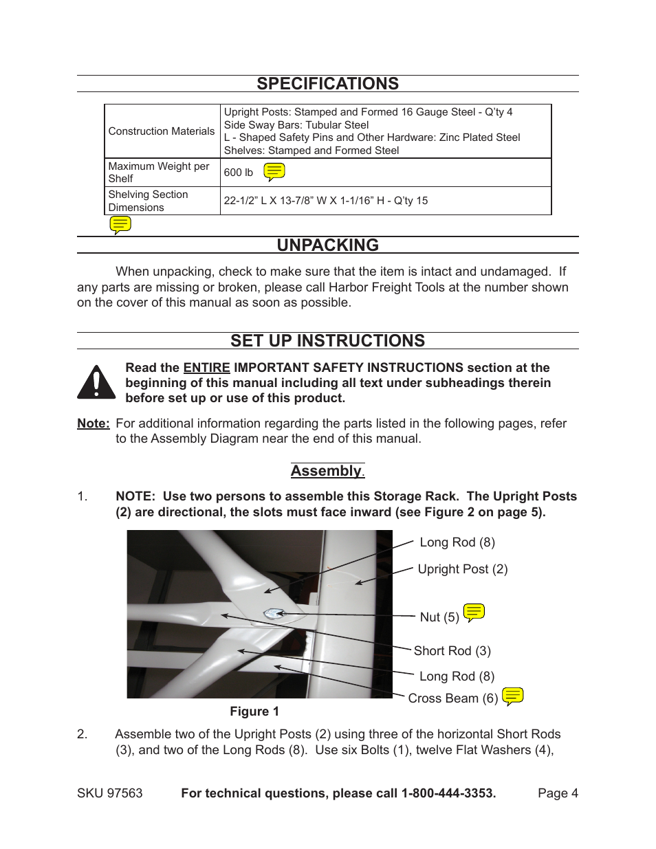 Specifications, Unpacking, Set up instructions | Harbor Freight Tools 97563 User Manual | Page 4 / 8