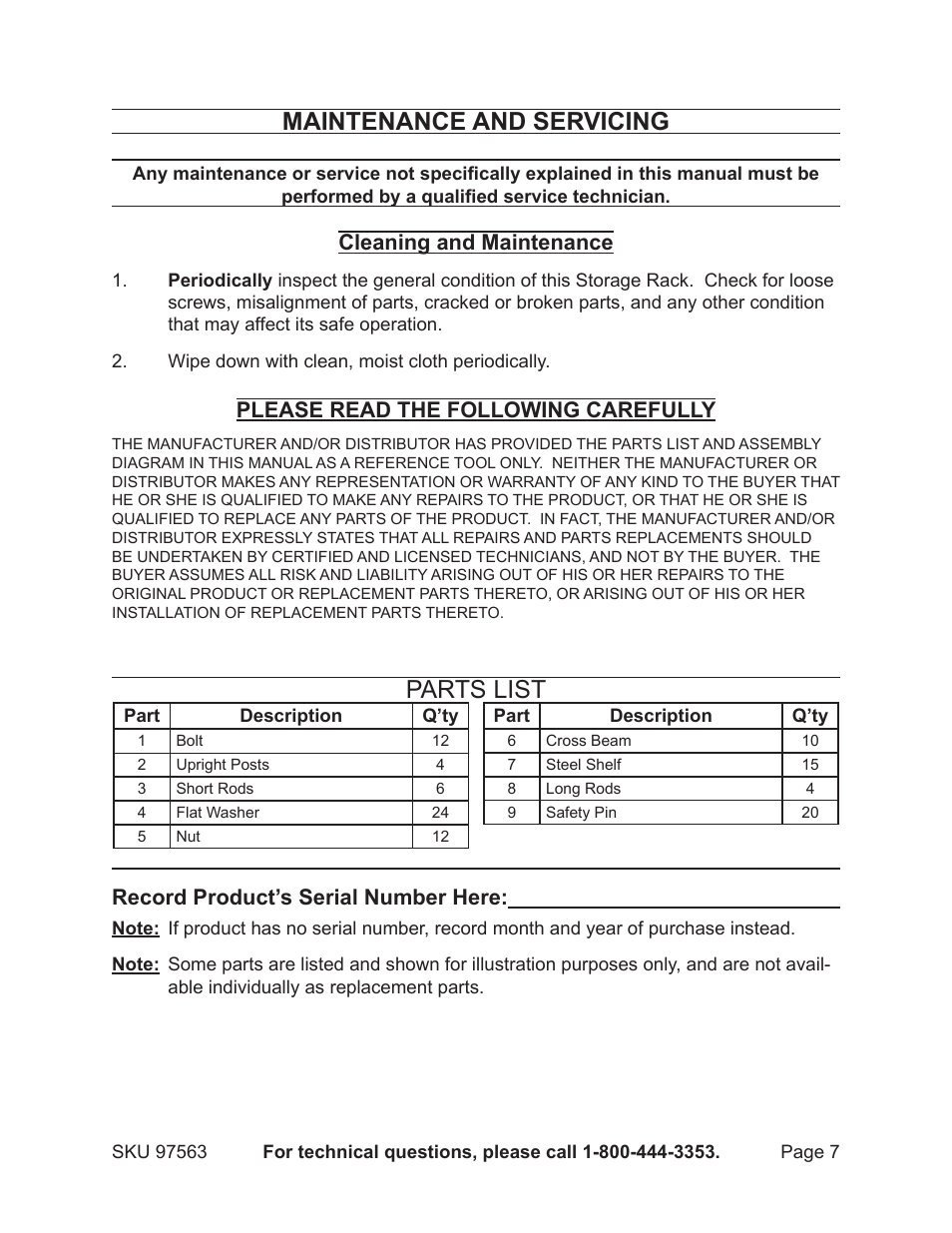 Maintenance and servicing, Parts list, Cleaning and maintenance | Please read the following carefully, Record product’s serial number here | Harbor Freight Tools 97563 User Manual | Page 7 / 8