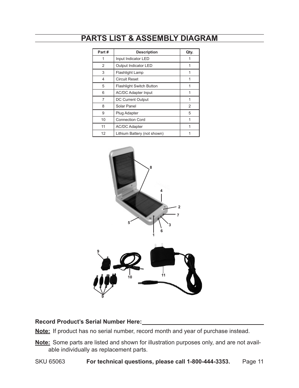 Parts list & assembly diagram | Harbor Freight Tools 65063 User Manual | Page 11 / 11