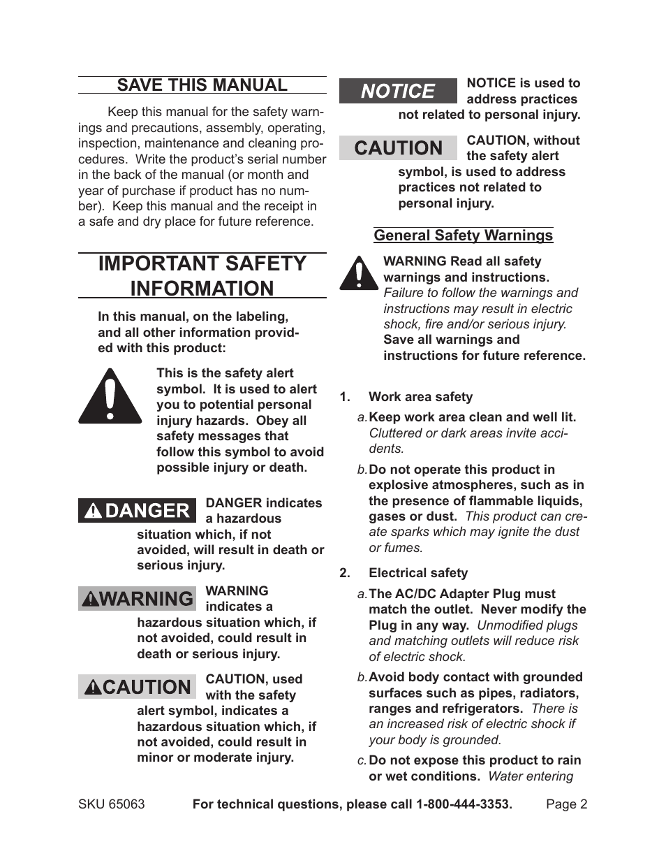 Important safety information, Save this manual | Harbor Freight Tools 65063 User Manual | Page 2 / 11