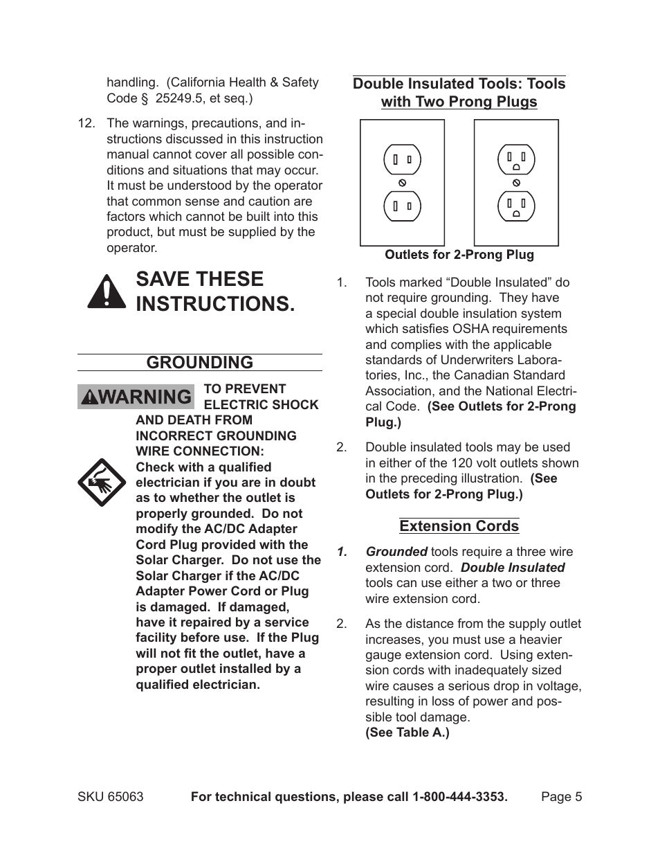 Save these instructions, Grounding | Harbor Freight Tools 65063 User Manual | Page 5 / 11