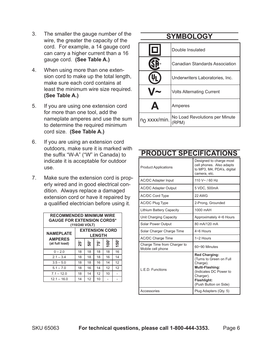 Symbology, Product specifications | Harbor Freight Tools 65063 User Manual | Page 6 / 11