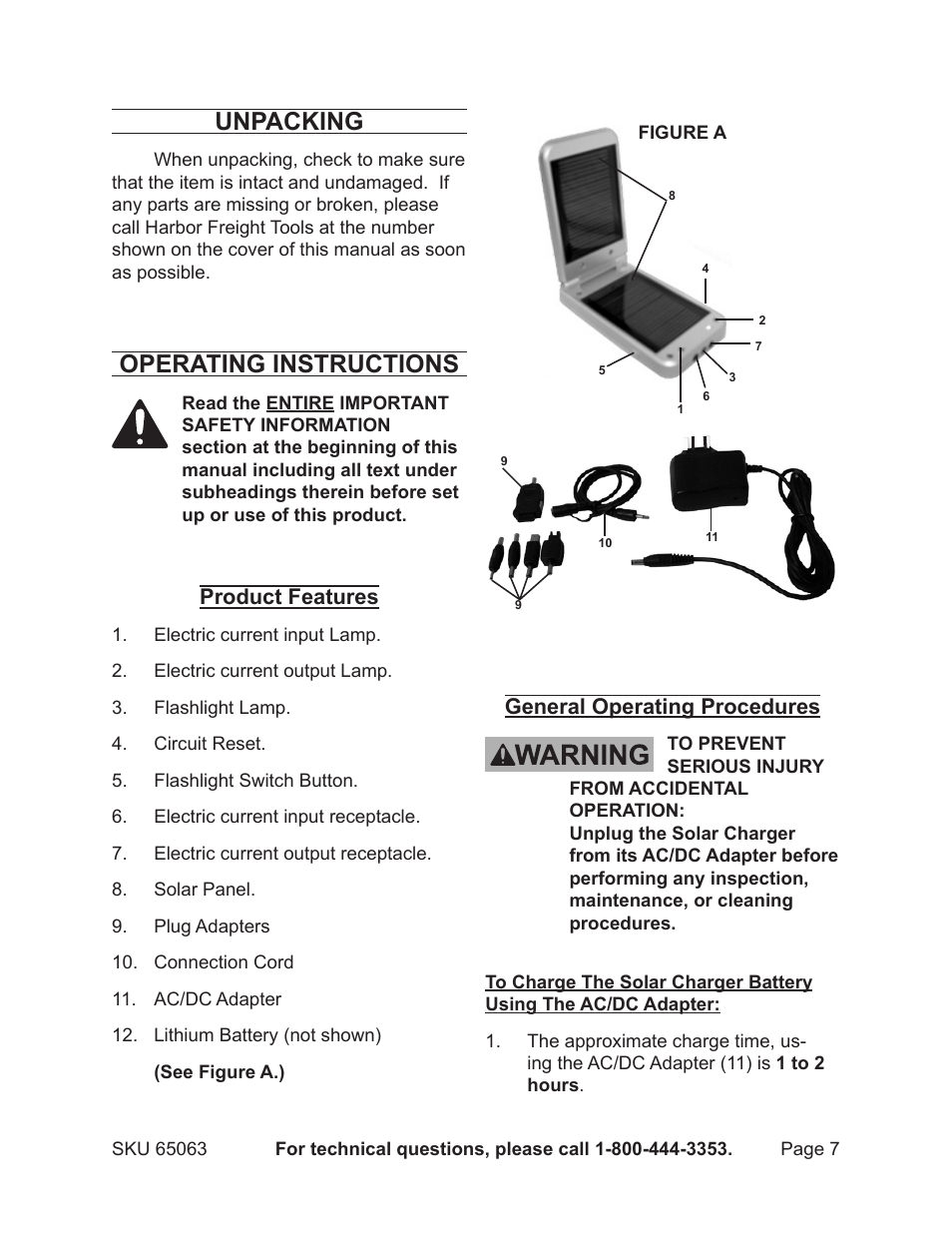 Unpacking, Operating instructions, Product features | General operating procedures | Harbor Freight Tools 65063 User Manual | Page 7 / 11