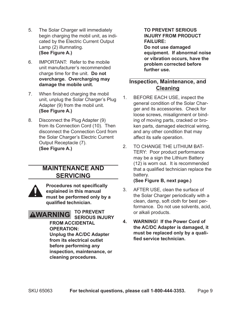 Maintenance and servicing | Harbor Freight Tools 65063 User Manual | Page 9 / 11