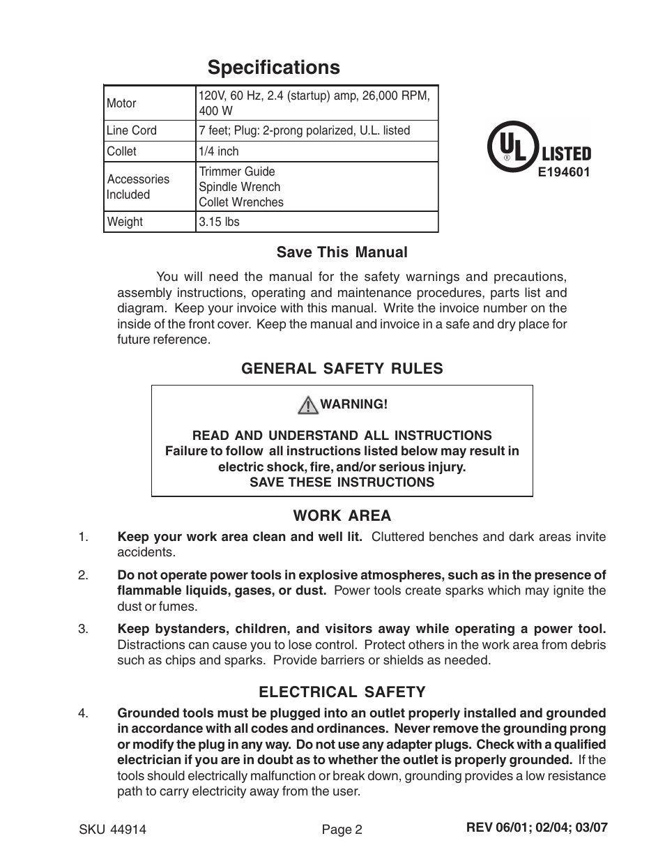 Specifications | Harbor Freight Tools 44914 User Manual | Page 2 / 13