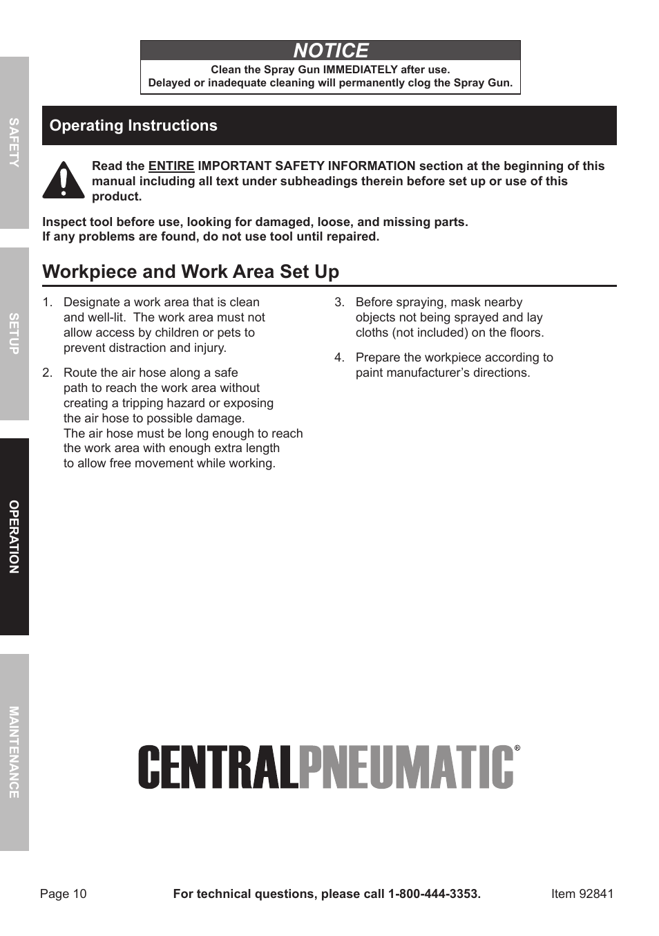 Notice, Workpiece and work area set up | Harbor Freight Tools CENTRAL PNEUMATIC 92841 User Manual | Page 10 / 20