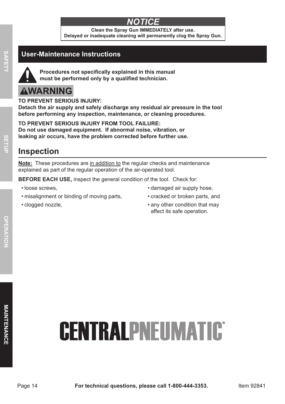 Notice, Inspection | Harbor Freight Tools CENTRAL PNEUMATIC 92841 User Manual | Page 14 / 20