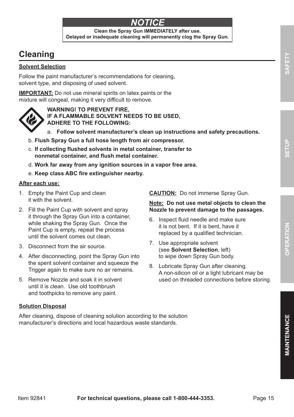 Notice, Cleaning | Harbor Freight Tools CENTRAL PNEUMATIC 92841 User Manual | Page 15 / 20