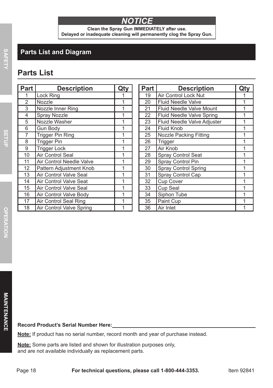 Notice, Parts list, Part description qty | Parts list and diagram | Harbor Freight Tools CENTRAL PNEUMATIC 92841 User Manual | Page 18 / 20