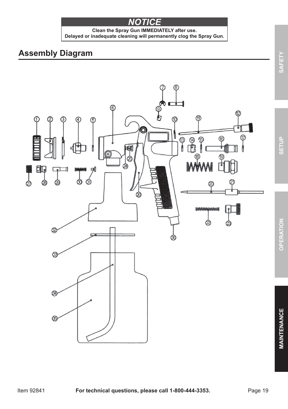 Notice, Assembly diagram | Harbor Freight Tools CENTRAL PNEUMATIC 92841 User Manual | Page 19 / 20