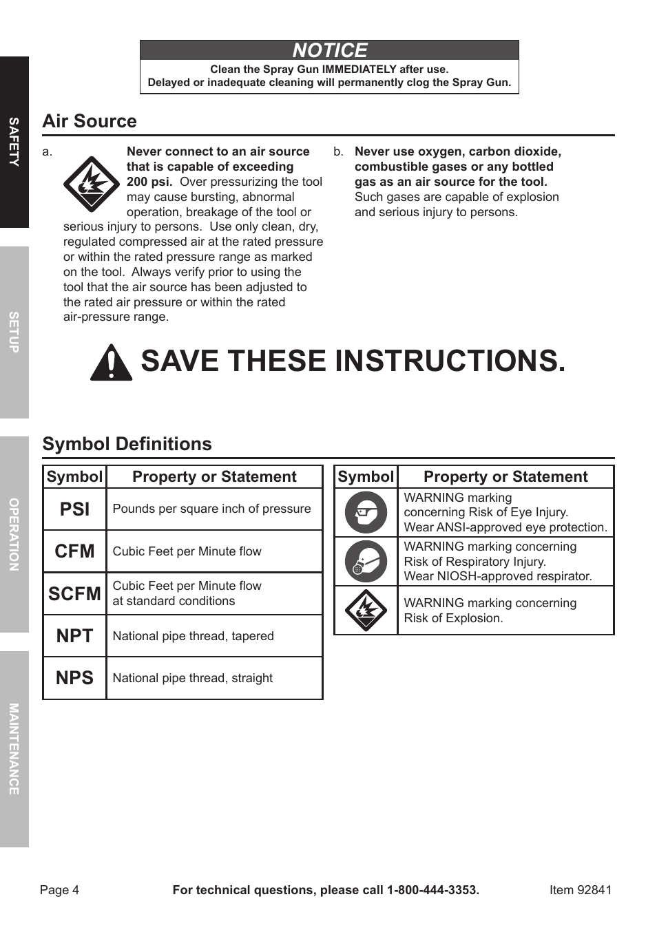 Save these instructions, Notice, Air source | Symbol definitions, Scfm | Harbor Freight Tools CENTRAL PNEUMATIC 92841 User Manual | Page 4 / 20