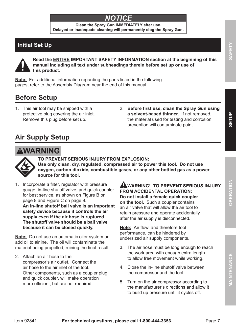 Notice, Before setup, Air supply setup | Initial set up | Harbor Freight Tools CENTRAL PNEUMATIC 92841 User Manual | Page 7 / 20