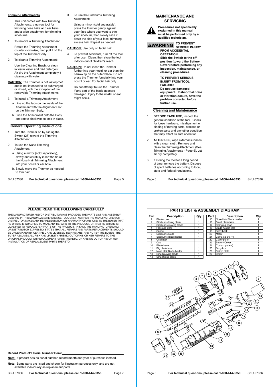 Parts list & assembly diagram, Maintenance and servicing | Harbor Freight Tools 67336 User Manual | Page 2 / 2