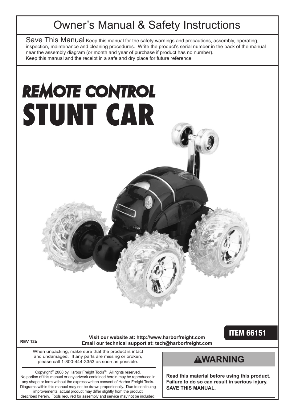 Harbor Freight Tools Remote Control Stunt Car 66151 User Manual | 4 pages