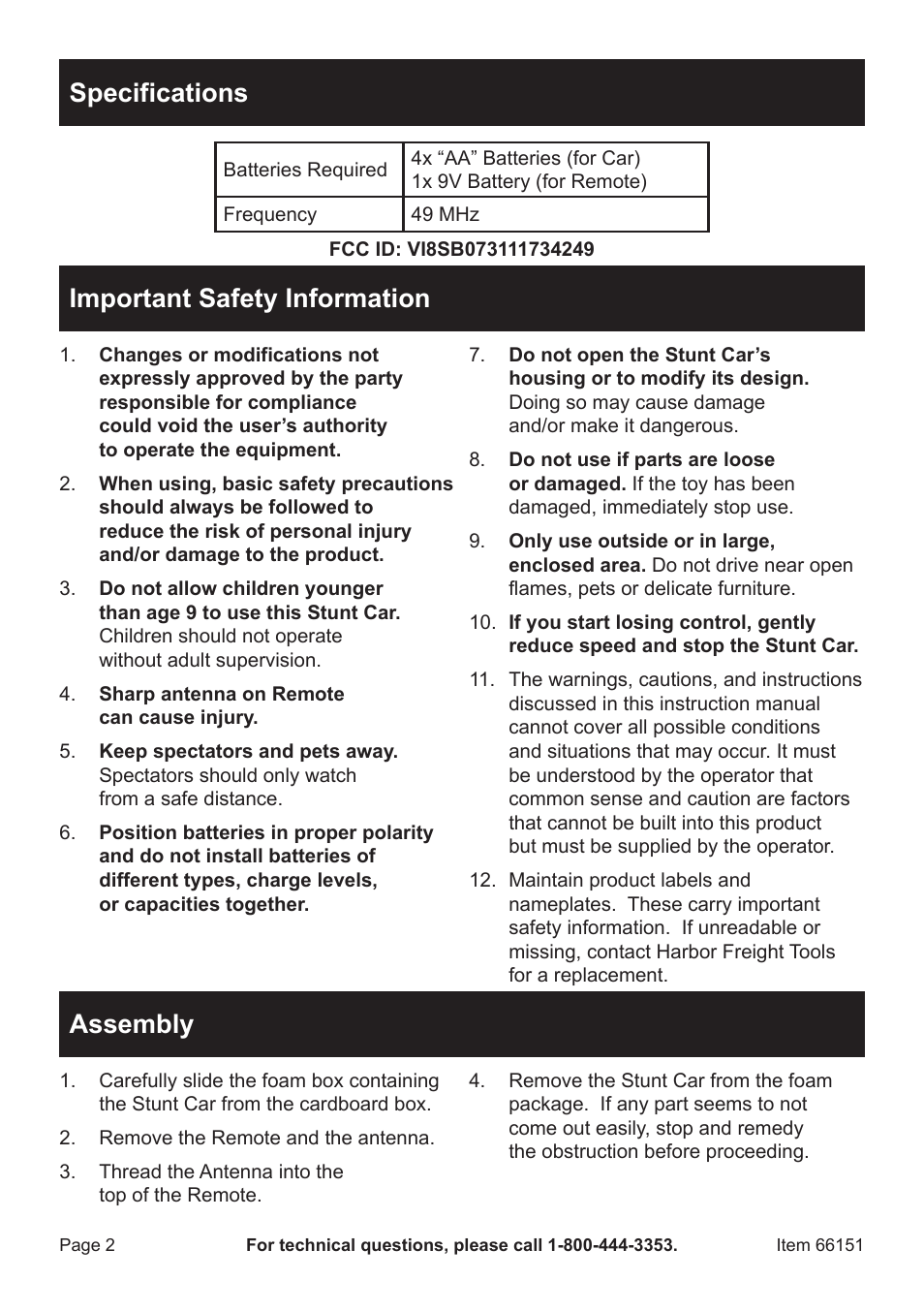 Specifications, Important safety information, Assembly | Harbor Freight Tools Remote Control Stunt Car 66151 User Manual | Page 2 / 4