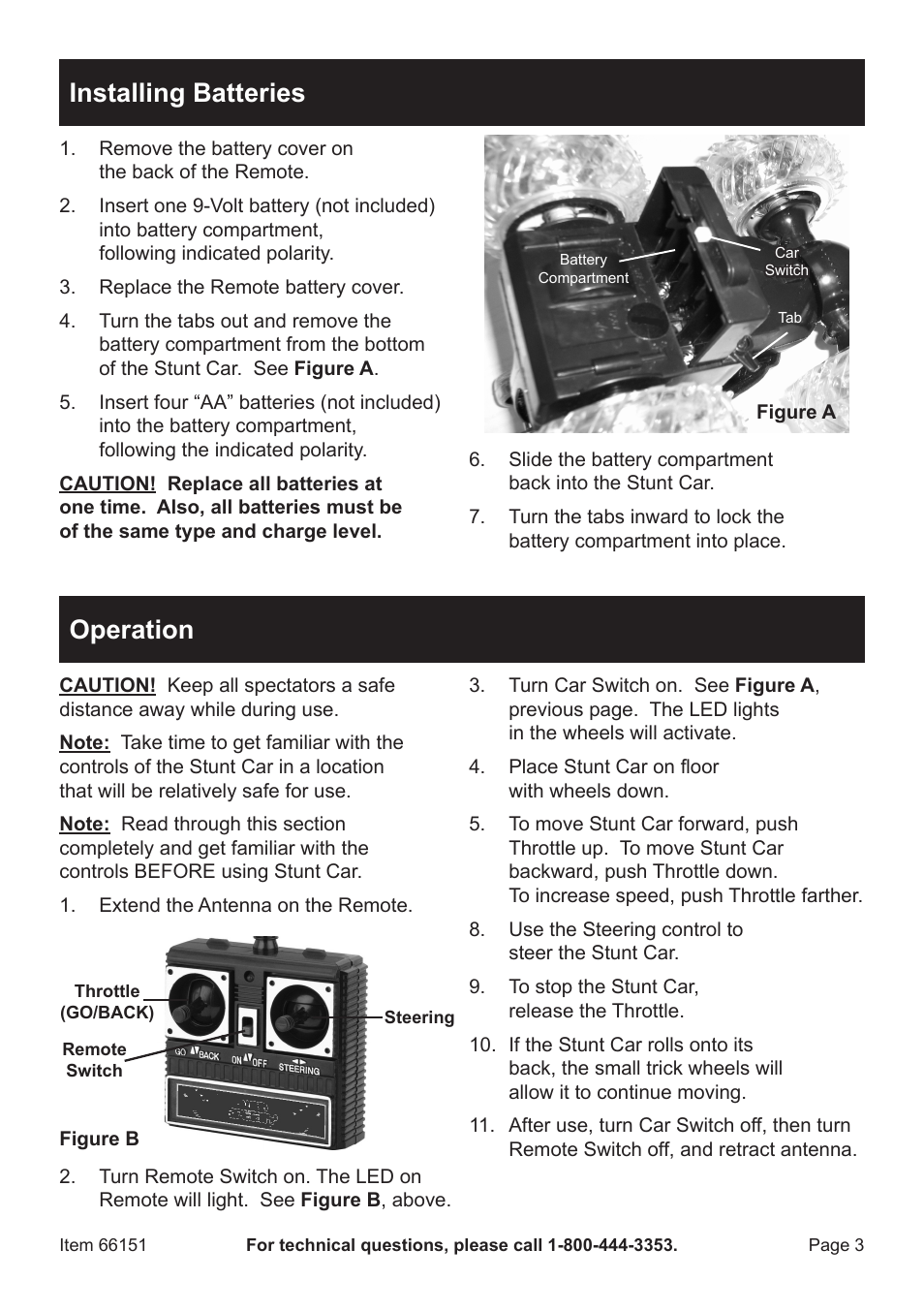 Installing batteries, Operation | Harbor Freight Tools Remote Control Stunt Car 66151 User Manual | Page 3 / 4