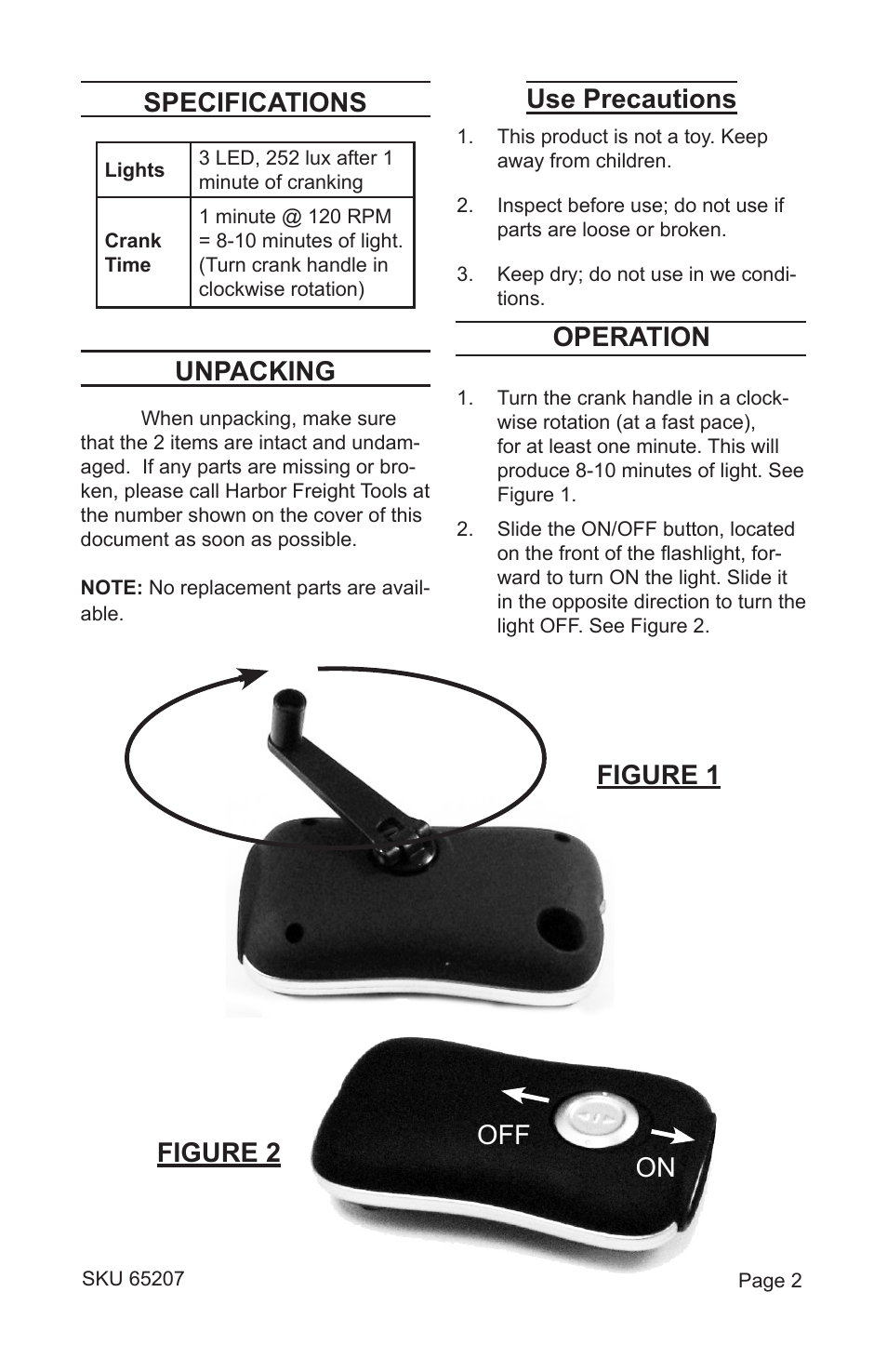 On off figure 1 figure 2 specifications, Unpacking, Use precautions | Operation | Harbor Freight Tools Dynamo LED Flashlight 65207 User Manual | Page 2 / 2