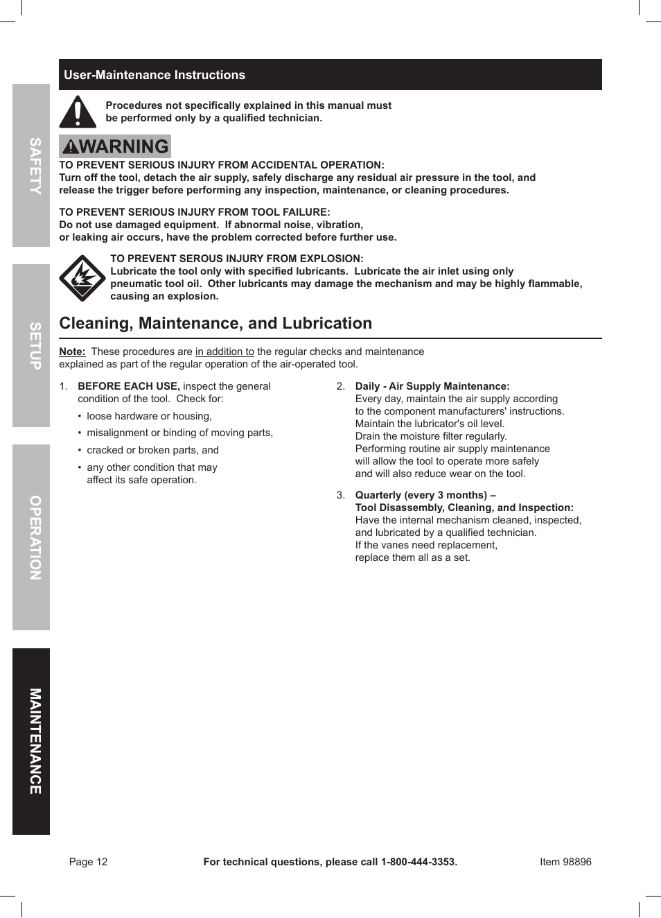 Cleaning, maintenance, and lubrication, Safet y op era tion m aintenan c e setu p | Harbor Freight Tools 98896 User Manual | Page 12 / 16